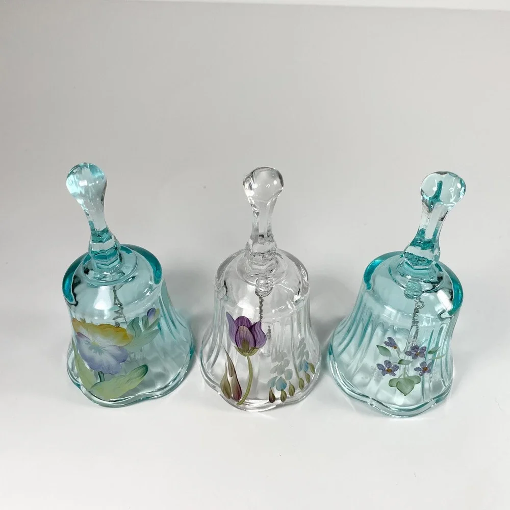 Vintage Fenton Scalloped‎ Clear Blue Bells Floral Hand Painted Signed set of 3